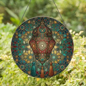 Moroccan Lantern Star Tassels Arabesque Mosaic - Home Decor Gift for Art Collectors Stained Glass Suncatcher