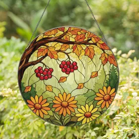 Autumn Branch Forest Daisies - Fall Home Decor Gift Stained Glass Suncatcher