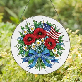 Poppy Daisy Forget-Me-Not American Flag 250 Year Anniversary Independence Day Gift for Veterans Stained Glass Suncatcher
