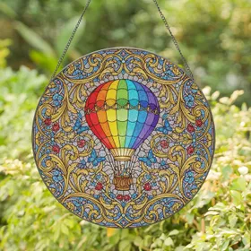 Hot Air Balloon Acanthus Leaves Butterflies Floral - Home Decor Gift Stained Glass Suncatcher