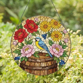 Bird Perched Barrel Lush Flower Bouquet - Home Decor Gift for Garden Lover Stained Glass Suncatcher