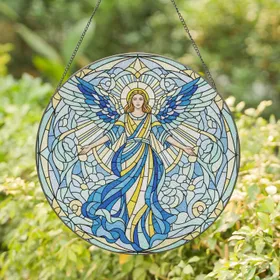 Angelic Figure Radiant Wings Golden Halo Heavenly Cloud Mosaic - Home Decor Gift Stained Glass Suncatcher