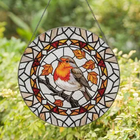 Plump Robin Autumn Leaves Branch - Home Decor Gift for Wildlife Lovers Stained Glass Suncatcher