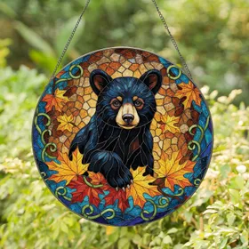 Black Bear Cub Autumn Maple Leaves Green Vines Home Decor Wildlife Lover Gift Stained Glass Suncatcher