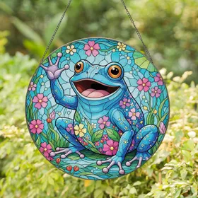 Waving Blue Frog Aquatic Floral - Home Decor Gift for Frog Lover Stained Glass Suncatcher