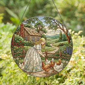 Young Girl Chickens Farm Cabin Wildflowers - Countryside Home Decor Gift Stained Glass Suncatcher