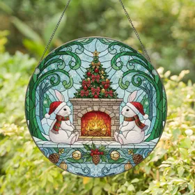 Christmas Bunnies Fireplace Scene Holly Berries - Holiday Home Decor Gift for Bunny Lovers Stained Glass Suncatcher