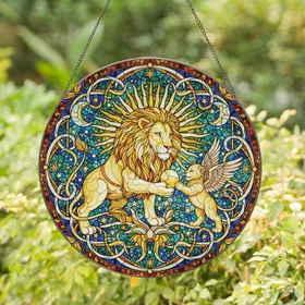 Adult Lion Cub Golden Orb Celestial - Home Decor Gift for Lion Lovers Stained Glass Suncatcher