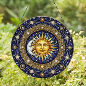 Radiant Golden Sun Face Crescent Moon Astrological Celestial Ring - Home Decor Gift for Sky Gazers Stained Glass Suncatcher