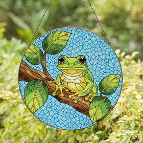 Vibrant Tree Frog Perched on Branch with Leaves - Wildlife Lover Home Decor Gift Stained Glass Suncatcher