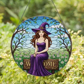 Brown Hair Witch Purple Hat Welcome Sign Bare Branches Daisy Meadow - Home Decor Gift Stained Glass Suncatcher
