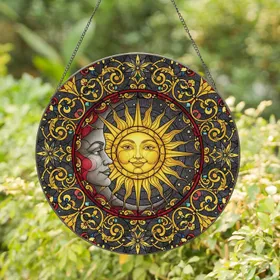 Smiling Sun Crescent Moon Swirling Rays Astrological Compass Filigree Mosaic - Home Decor Gift Stained Glass Suncatcher