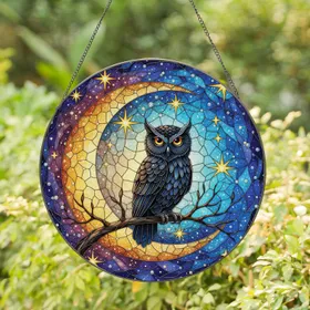 Black Owl Crescent Moon Night Sky - Celestial Home Decor Gift for Owl Lover Stained Glass Suncatcher