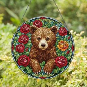 Brown Bear Cub Red Roses - Home Decor Gift for Wildlife Lovers Stained Glass Suncatcher