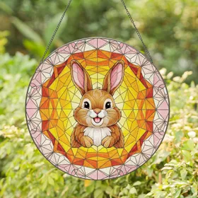 Smiling Plump Brown Baby Rabbit Floral Border Window Decor Gift for Rabbit Lover Stained Glass Suncatcher