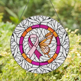 Breast Cancer Awareness Ribbon Heart Butterfly - Awareness Support Gift for Survivors Stained Glass Suncatcher