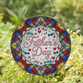 Father's Day Script Red Hearts Blue Bow Ties Geometric Facets - Gift for Dad Stained Glass Suncatcher