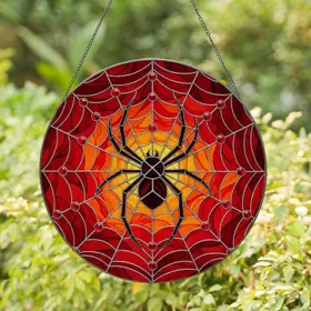 Black Spider Intricate Web Ruby Cabochons Crimson Orange Mosaic - Home Decor Gift Stained Glass Suncatcher