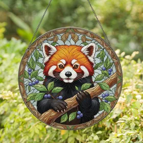 Red Panda Tree Branch Leaves Berries - Wildlife Lover Home Decor Gift Stained Glass Suncatcher
