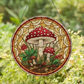 Amanita Muscaria Mushrooms Foliage Berries Insects - Home Decor Gift for Mushroom Lover Stained Glass Suncatcher