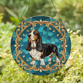 Basset Hound Dog Amber Scrollwork Teal Background - Home Decor Gift for Dog Lovers Stained Glass Suncatcher