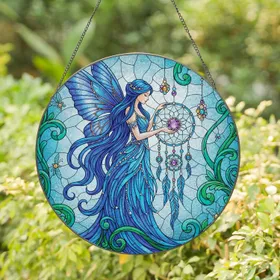 Fairy Blue Butterfly Dreamcatcher Amethyst Gem Leafy Forms Insect Accents - Home Decor Gift Stained Glass Suncatcher