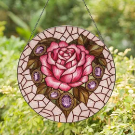 Rose Amethyst Heart Floral - Home Decor Gift for Garden Lover Stained Glass Suncatcher