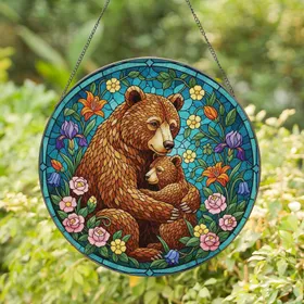 Mother Bear Cub Floral Mosaic - Mother's Day Gift for Bear Lover Stained Glass Suncatcher