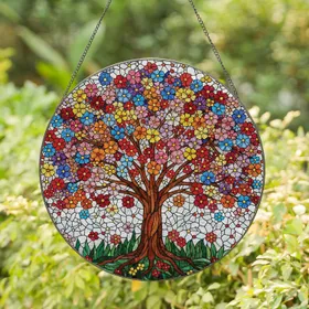 Tree of Life Blossoming Flowers Floral Tapestry Green Foliage Mosaic Lead Line Decor Gift Stained Glass Suncatcher