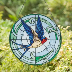 Wind Swirl Barn Swallow Organic Foliage - Wildlife Lover Home Decor Gift Stained Glass Suncatcher