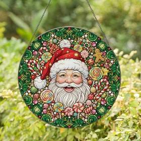 Santa Claus Face Christmas Candies - Holiday Home Decor Gift Stained Glass Suncatcher