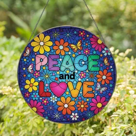 PEACE LOVE Rounded Bubble Letters Flowers Butterflies Polka Dots Starbursts - Home Decor Gift Stained Glass Suncatcher