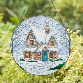 Snowy Cottage Blue Door Icicles - Christmas Home Decor Gift for Cottage Lover Stained Glass Suncatcher