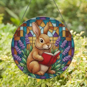 Seated Rabbit Reading Book Flowers Leaves - Indoor Home Decor Gift for Book Lover and Animal Lover Stained Glass Suncatcher