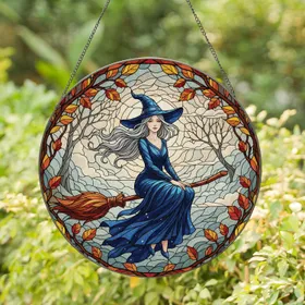 Mystical Silver Witch Broom Autumn Foliage - Home Decor Gift for Witch Lover Stained Glass Suncatcher