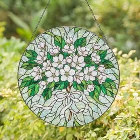 Delicate White Pink Apple Blossoms Green Leaves Ribbon Floral Bouquet - Home Decor Gift for Plant Lover Stained Glass Suncatcher