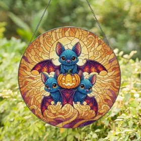 Stacked Blue Chibi Bats Jack-o'-Lantern Full Moon - Halloween Decor Gift for Bat Lovers Stained Glass Suncatcher