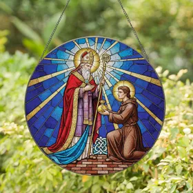 Bearded Bishop Golden Crosier Money Bag Kneeling Man Golden Starburst - Home Decor Gift Stained Glass Suncatcher