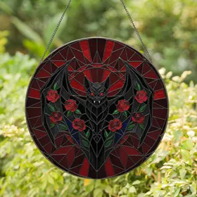 Menacing Black Bat Spread Wings Red Roses Halloween Home Decor Gift for Bat Lovers Stained Glass Suncatcher