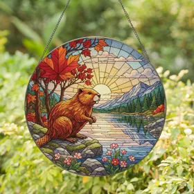 Beaver Maple Leaf Autumn Lake - Wildlife Lover Home Decor Gift Stained Glass Suncatcher