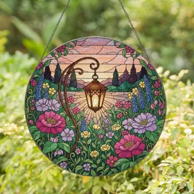 Vintage Lantern Lush Blooming Garden Sunset Scene - Home Decor Gift for Garden Lover Stained Glass Suncatcher