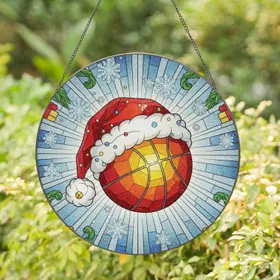 Basketball Santa Hat Snowflakes Pine Gift Boxes - Christmas Holiday Decor Stained Glass Suncatcher