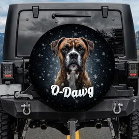 Majestic Brindle Boxer Dog Snowstorm O-Dawg Text - Winter Scene Dog Lover Gift Spare Tire Cover
