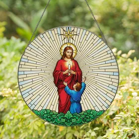 Jesus Child Candle Starburst Green Foliage - Spiritual Home Decor Gift for Believers Stained Glass Suncatcher