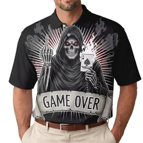Grim Reaper Skeleton Defiant Ace of Spades Flames Game Over - Gothic Style Gift for Gamers Men's Polo Shirt