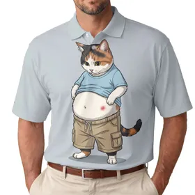 Realistic Calico Cat Light Blue T-Shirt Plump Belly Red Mark Cargo Shorts - Cat Lover Gift Men's Polo Shirt