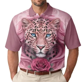 Pink Leopard Blue Eyes Rose Black Spots Mane - Everyday Animal Lover Gift Men's Polo Shirt