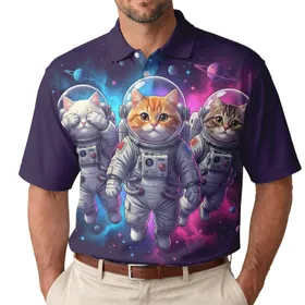 Astronaut Cats Helmets Floating Deep Space Planets Nebulae - Cosmic Lover Stargazer Gift Men's Polo Shirt