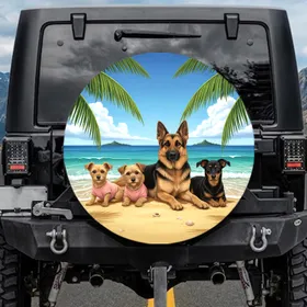 Four Dogs Tropical Beach Golden Sand Ocean - Dog Lover Summer Travel Gift Spare Tire Cover