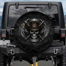 Rebel Skull Cowboy Hat Axe Shield - Rugged Lifestyle Gift for Adventurers Spare Tire Cover